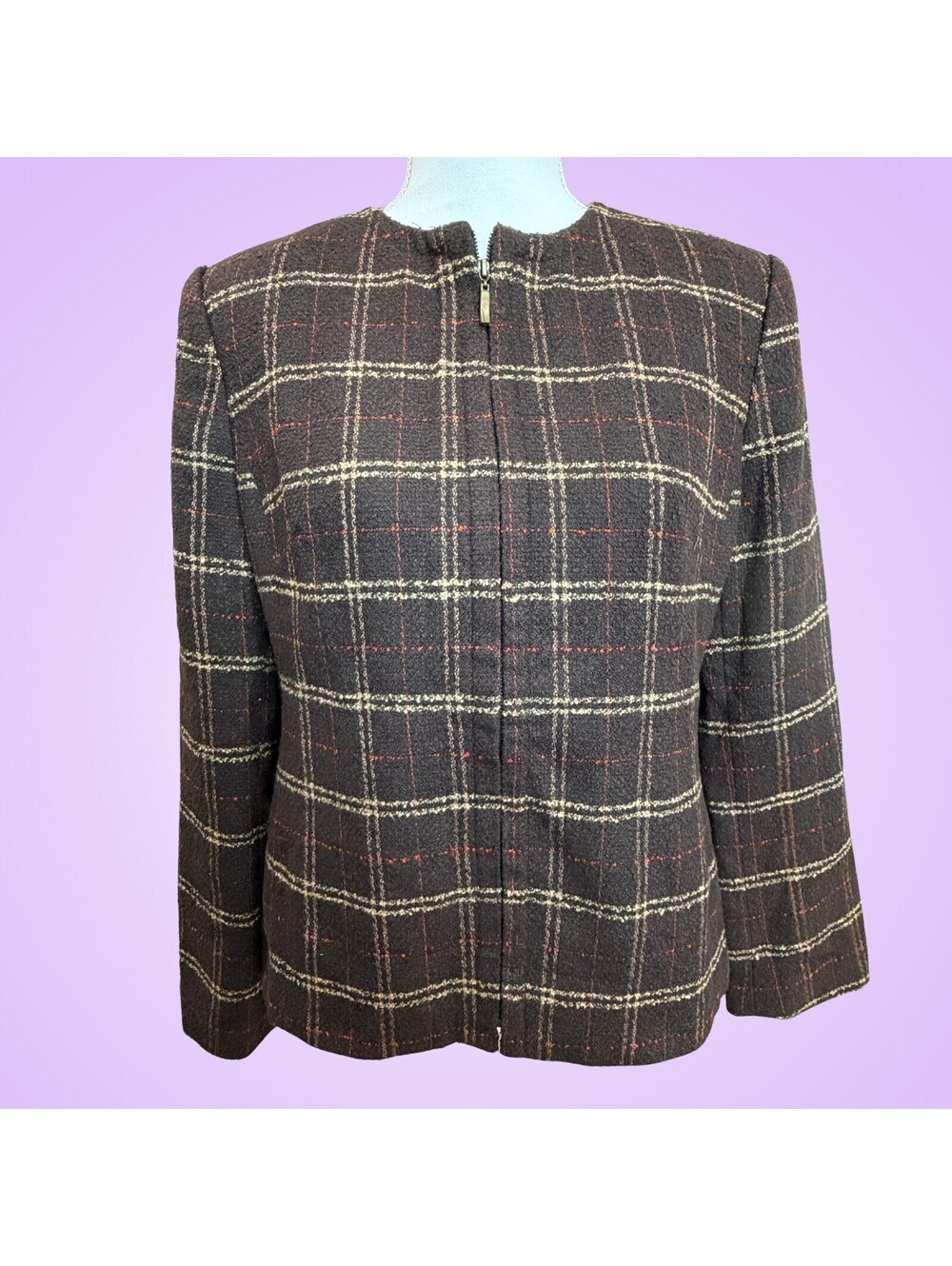 Vintage First Issue Liz Claiborne Womens 8 Brown Plaid Boucle Zip Jacket